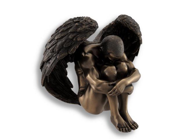 Nude Male Angel Resting Head On Knees Sculpted Bronzed Statue