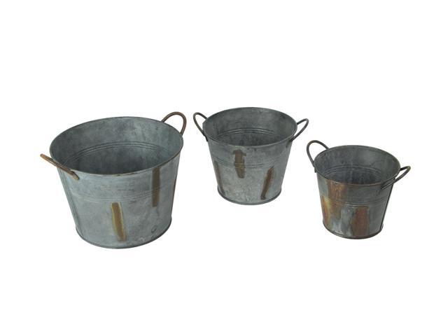3 Piece Weathered Gray Rustic Metal Pail Planter Set With Handles