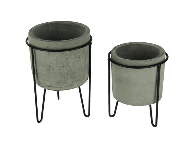 Modern Cement Planters in Black Metal Stands Set of 2