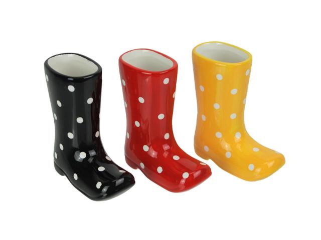 Set of 3 Colorful Polka Dot Ceramic Rain Boot Mini Planters 5 Inches High
