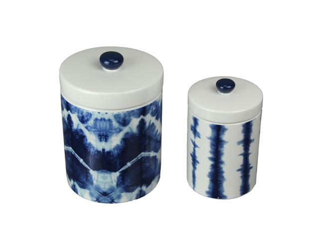 Set of 2 Blue and White Shibori Style Dyed Dolomite Ceramic Canisters