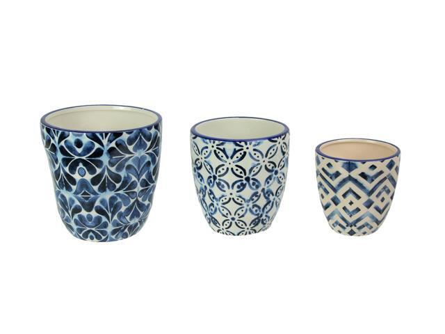 Set of 3 Blue and White Ceramic Geometric Design Mini Planter Pots