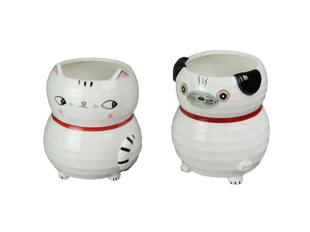 Set of 2 Hand Painted Cat & Dog Ceramic Planters Decorative Succulent Plant Pots