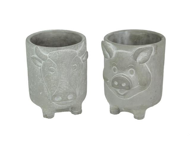 Set of 2 Natural Gray Barnyard Animal Design Concrete Planters Cow and Pig 8 Inches High