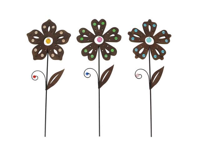 Set of 3 Rustic Brown Metal Flower Garden Stakes With Colorful Jewel Accents