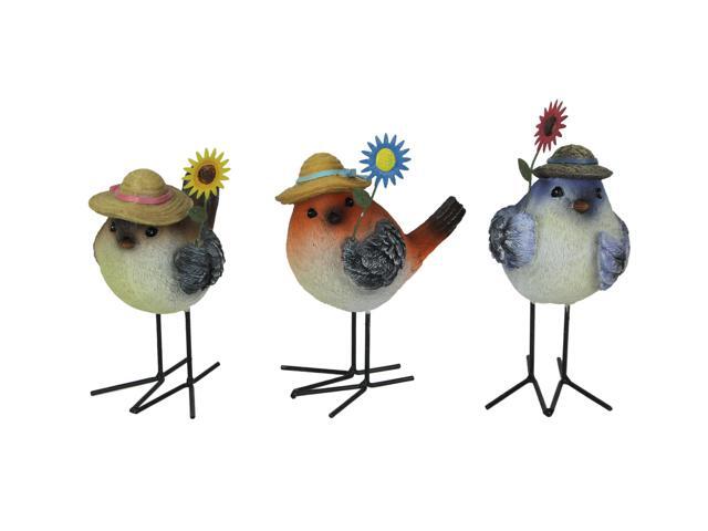 Set of 3 Resin and Metal Springtime Garden Flower Songbird Figurines