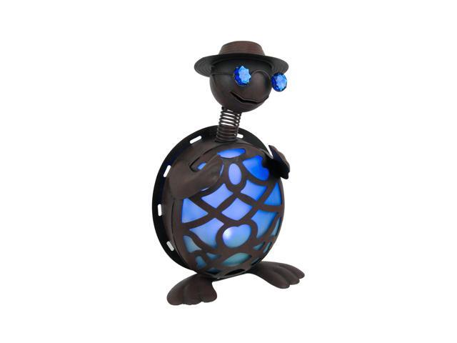 Rustic Metal Turtle in Hat and Sunglasses Solar Powered LED Light Garden Statue