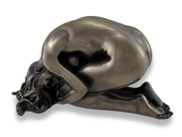 Bronzed Nude Woman Kneeling On Floor Head Down Statue Erotic Art
