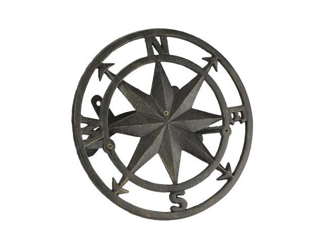 Decorative Wall Mounted Cast Iron Compass Rose Garden Hose Holder Bronze