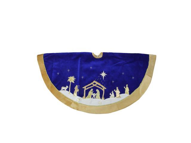 48' Blue and Gold Nativity Scene Christmas Tree Skirt with Gold Border