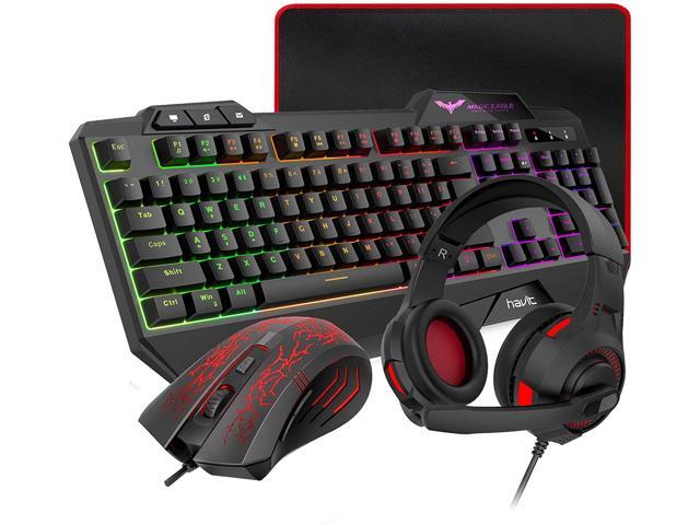 HAVIT Gaming Keyboard Mouse Headset & Mouse Pad Kit Rainbow LED Backlit Wired Over Ear Headphone with Mic for PC Computer Xbox ONE & PS4