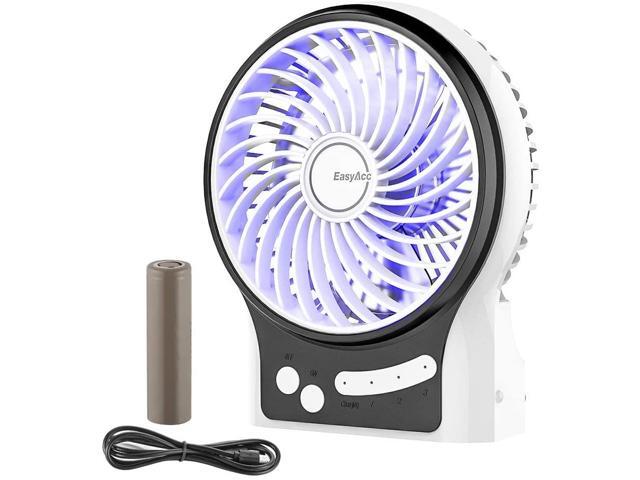 Battery Fan EasyAcc Rechargeable Table Fan with 2600mAh Battery Internal and Side Light 2-86 Hours Adjustable 3 Speeds Portable Handheld Personal