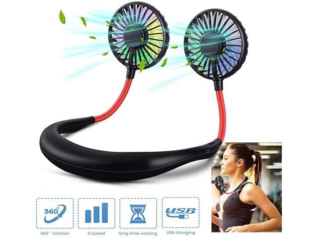 Sports Fan Wisfun USB Portable Neck Hanging Fan 7 Color LED Hand-Free USB Personal Fan Portable Headband Fans with Dual 360 Degree Rotation Head