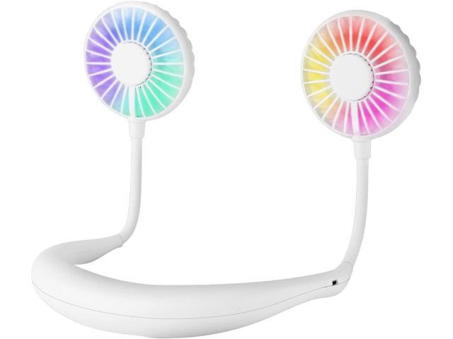 Portable USB Personal Neck Fan - Hand Free Mini LED Cooling Fan Headphone Design Battery-Operated Fan Rainbow and White Light 3 Speeds Quiet