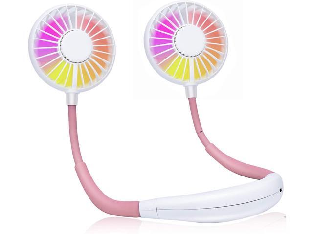Hanging Neck Fan Personal Wearable Neckband Sport Fan - 3 Speed 7 Color Light 2000mAh USB Rechargeable Battery for Camping Traveling Office (Pink)