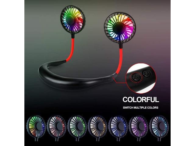 Leeko Hand Free Neck Fan USB Rechargeable 7 Colors LED Lights Wearable Neckband Mini Fan Headphone Design Cooling Fan with Dual 360 Free Wind Head