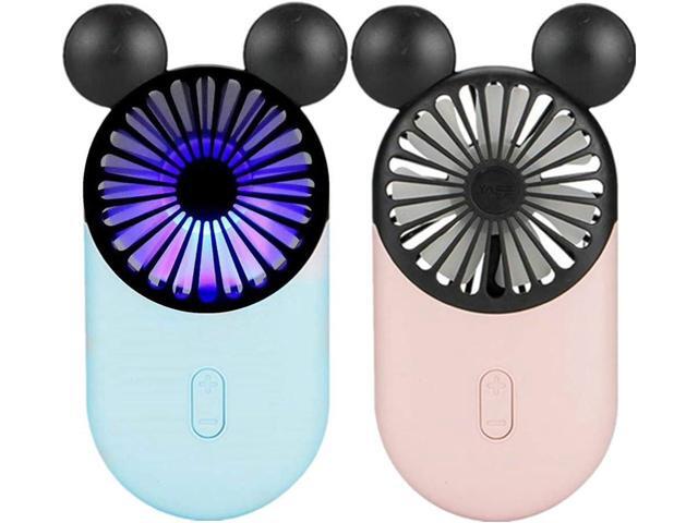 Kbinter Cute Personal Mini Fan Handheld & Portable USB Rechargeable Fan with Beautiful LED Light 3 Adjustable Speeds Portable Holder for Indoor