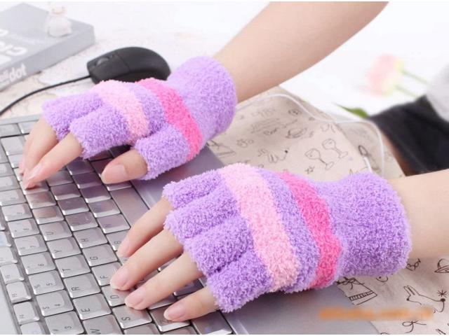 New Purple Laptop USB Heating Winter Warm Hot Hands Gloves Heated Warmer Woolen Fingerless