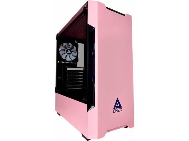 Apevia ENZO-PK Mid Tower Gaming Case with 1 x Tempered Glass Panel Top USB30/USB20/Audio Ports 1 x Black/White Fan Pink Frame