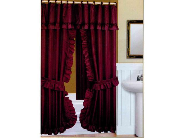 DOUBLE SWAG FABRIC SHOWER CURTAIN LINER RINGS DOBBY DOT DESIGN BURGUNDY