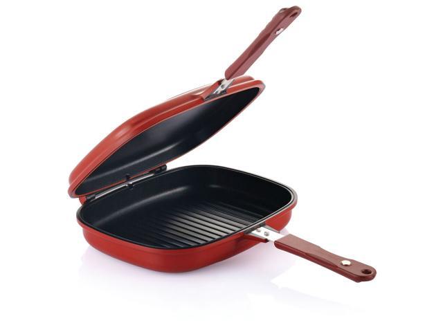 Happycall Nonstick Double Pan Jumbo Grill Two Sided Pan Square Dishwasher Safe Deep Pan Chicken Steak Pan Red