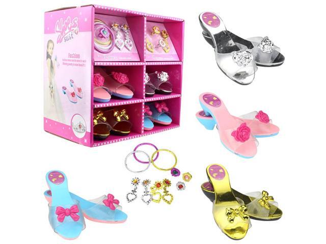 Princess Dress Up Set 4 Pairs of Shoes + Fashion Jewelry Accessories Little Girl Role Play Fashion Beauty Gift Set for Girls Ages 3-10 (4 Pairs