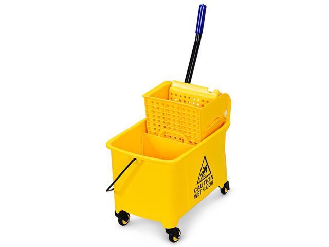 Costway Commercial Mop Bucket Side Press Wringer on Wheels 21 Quart Yellow w/ Panel
