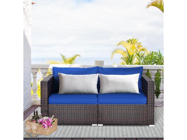 Costway 2PCS Patio Rattan Corner Sofa Sectional Furniture Navy Cushion