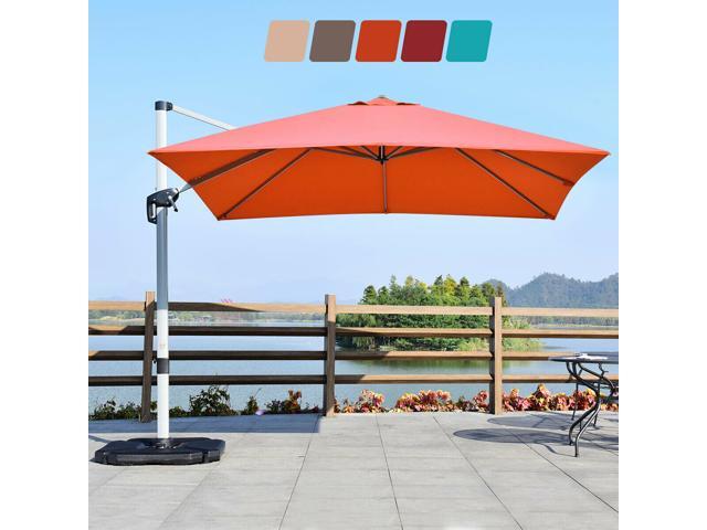 10Ft Patio Offset Cantilever Umbrella 360° Rotation Aluminum W/Base Beige