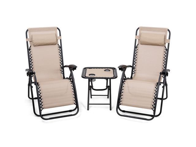 3PC Zero Gravity Reclining Lounge Chairs Pillows Table Portable Folding Beige /Black