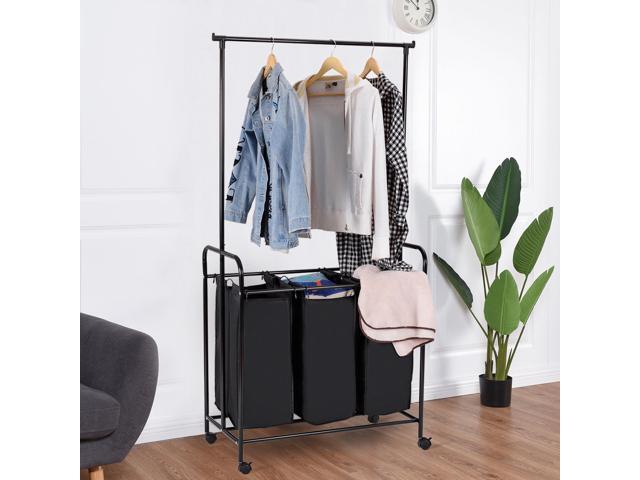 3 Bag Rolling Laundry Sorter Cart Hamper Organizer W/Hanging Bar & Wheels Black