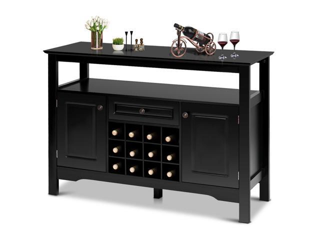 Storage Buffet Sever Cabinet Sideboard Table Wood Wine Rack Kitchen Dining Black