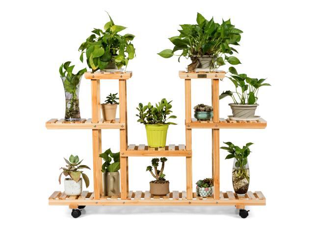 4-Tier Wooden Plant Stand W/Wheels Multipurpose Storage Rack Wood Grain Color