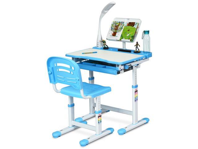 Height Adjustable Kids Desk Chair Set Study Drawing w/Lamp & Bookstand Blue