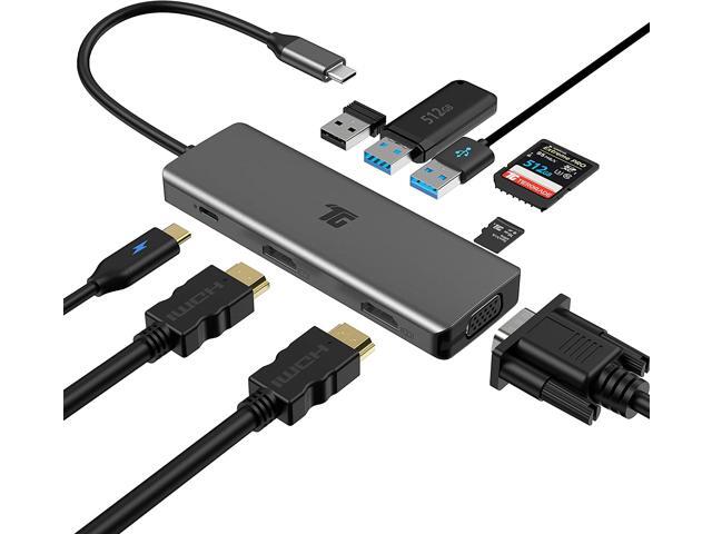 USB C Hub USB C Adapter Tiergrade 9 in 1 Triple Display Collage Display Type C Adapter with 2 4K HDMI VGA PD USB 30 and TF/SD Card Reader for