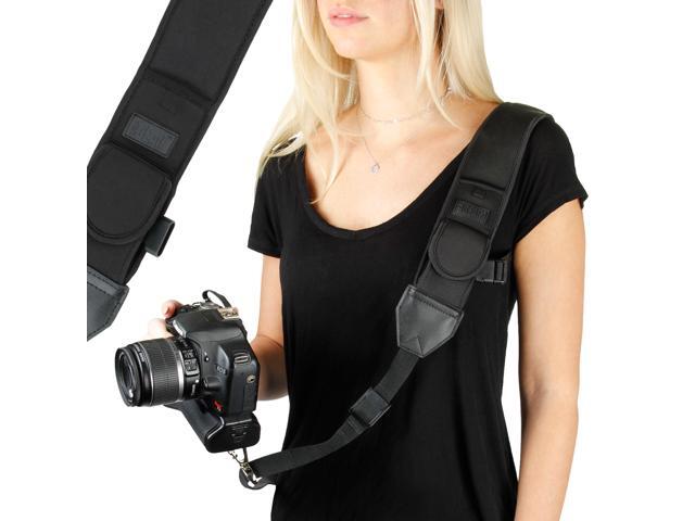 Camera Strap Shoulder Sling with Adjustable Black Neoprene and Quick Release Buckle by USA Gear - Works with Canon Fujifilm Nikon Panasonic