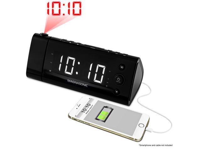 Magnasonic USB Charging Alarm Clock Radio with Time Projection Battery Backup Auto Time Set Dual Alarm 12' LED Display for Smartphones & 