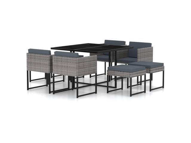vidaXL Garden Dining Set with Cushions 9 Pieces Poly Rattan Gray Dinner Table