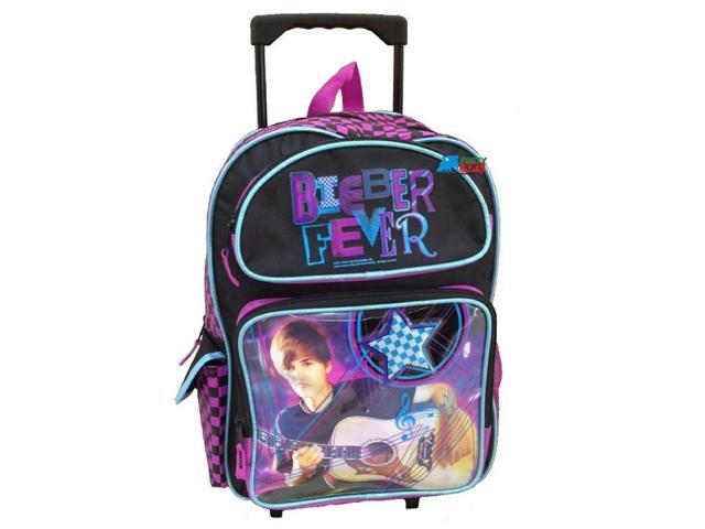 Justin Bieber Large 16' Cloth Backpack Book Bag Pack With Wheels - Pink