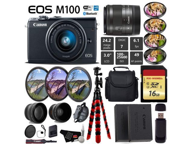 Canon EOS M100 Mirrorless Digital Camera (Black) with 15-45mm Lens + UV FLD CPL Filter Kit + 4 PC Macro Kit + Wide Angle & Telephoto Lens + Camera