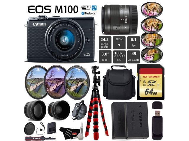 Canon EOS M100 Mirrorless Digital Camera (Black) with 15-45mm Lens + UV FLD CPL Filter Kit + 4 PC Macro Kit + Wide Angle & Telephoto Lens + Camera