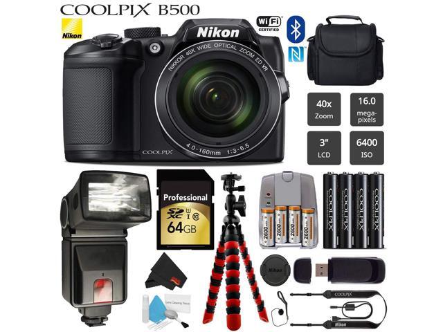 Nikon COOLPIX B500 Digital Camera (Black)(Intl Model) 16MP 40x Optical Zoom with Built-in NFC WiFi & Bluetooth + Slave Flash + Camera Case +