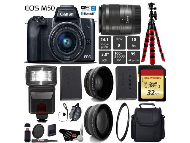 Canon EOS M50 Mirrorless Digital Camera with 15-45mm Lens + Flash + UV FLD CPL Filter Kit + Wide Angle & Telephoto Lens + Camera Case + Tripod +