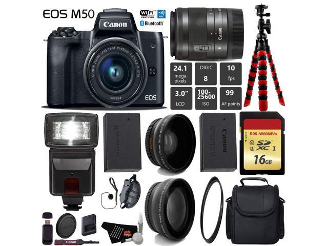 Canon EOS M50 Mirrorless Digital Camera with 15-45mm Lens + Flash + UV FLD CPL Filter Kit + Wide Angle & Telephoto Lens + Camera Case + Tripod +