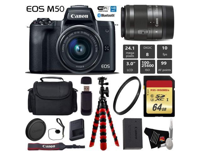 Canon EOS M50 Mirrorless Digital Camera with 15-45mm Lens + Flexible Tripod + UV Protection Filter + Professional Case + Card Reader