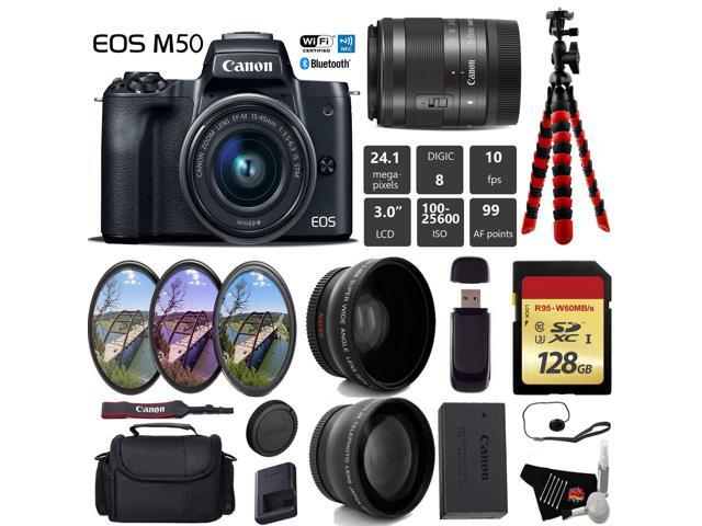 Canon EOS M50 Mirrorless Digital Camera with 15-45mm Lens + UV FLD CPL Filter Kit + Wide Angle & Telephoto Lens + Camera Case + Tripod + Card