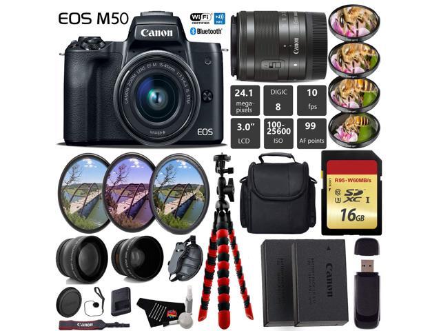 Canon EOS M50 Mirrorless Digital Camera with 15-45mm Lens + UV FLD CPL Filter Kit + 4 PC Macro Kit + Wide Angle & Telephoto Lens + Camera Case +