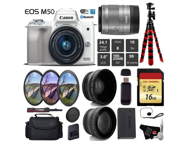 Canon EOS M50 Mirrorless Digital Camera (White) with 15-45mm Lens + UV FLD CPL Filter Kit + Wide Angle & Telephoto Lens + Camera Case + Tripod +