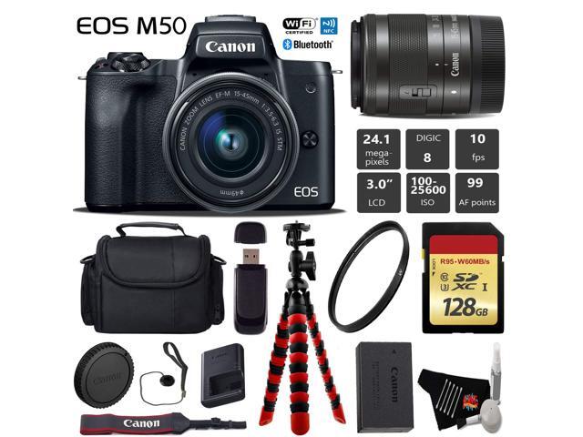 Canon EOS M50 Mirrorless Digital Camera with 15-45mm Lens + Flexible Tripod + UV Protection Filter + Professional Case + Card Reader