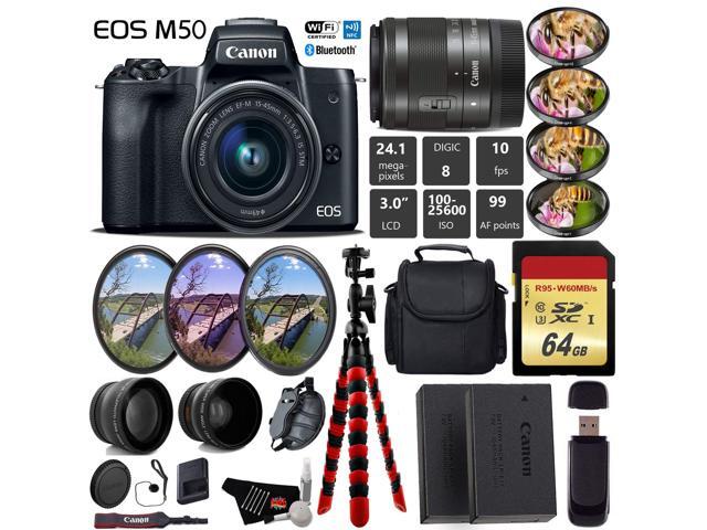 Canon EOS M50 Mirrorless Digital Camera with 15-45mm Lens + UV FLD CPL Filter Kit + 4 PC Macro Kit + Wide Angle & Telephoto Lens + Camera Case +